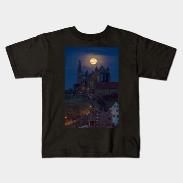 Super Moon Rise over Whitby Abbey North Yorkshire Dracula Kids T-Shirt by Spookydaz